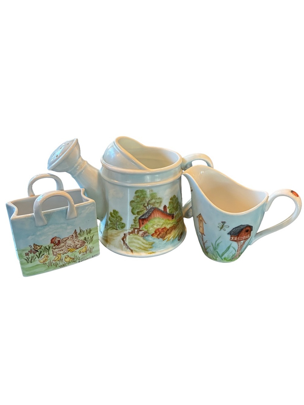 1999 Hand Painted Ceramic Tea Set Watering Can Pitcher Country Farmhouse